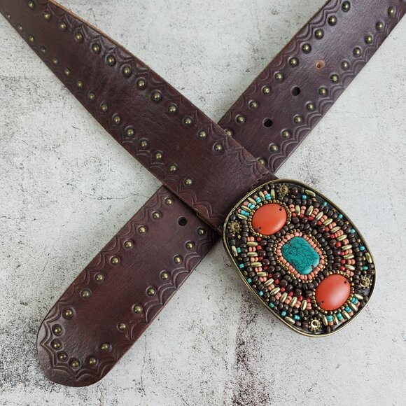 Vintage Lucky Brand Leather Belt Brown Studded Bohemian Beaded Buckle Western L main image 4